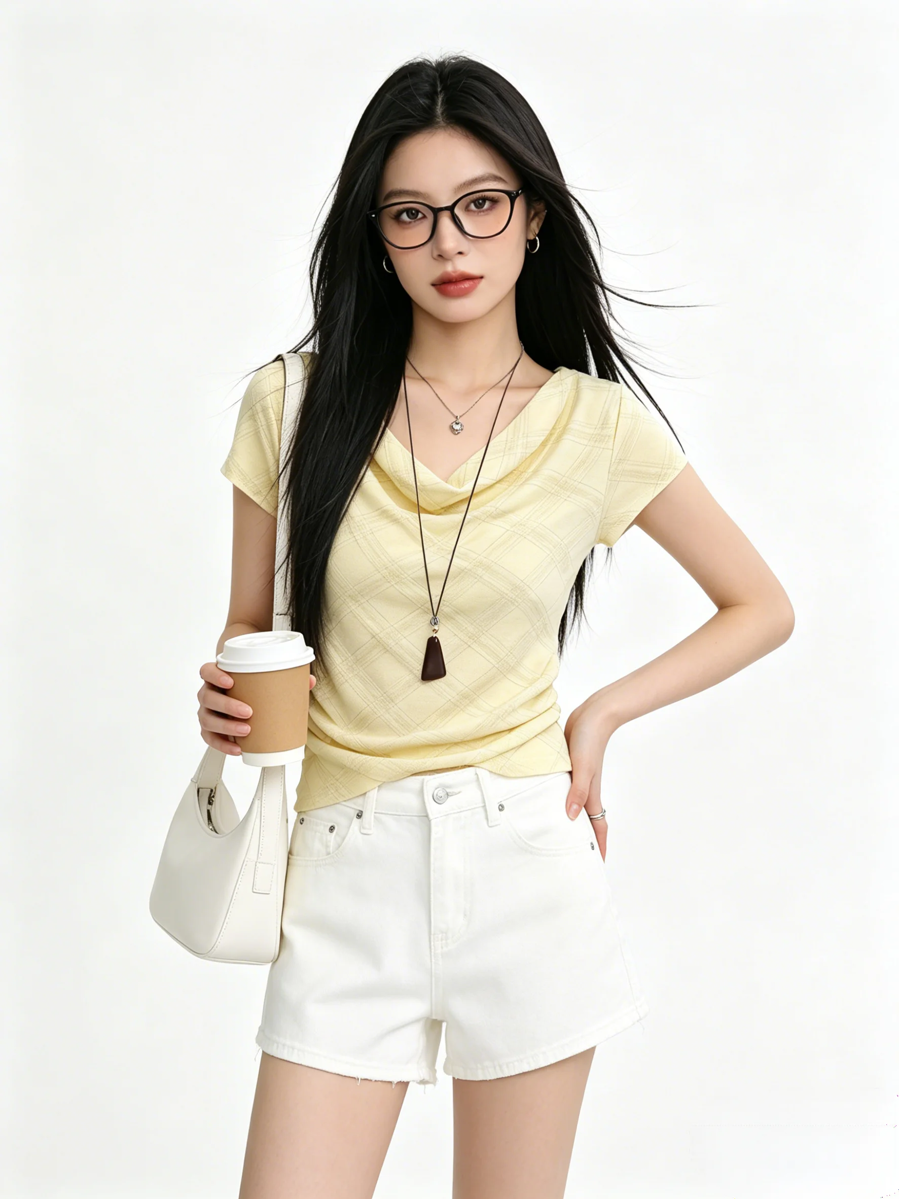 

Chic Yellow Plaid Short Sleeve T-Shirt Backless Summer Sweet And Spicy Skin-friendly Korean Style Standard Fit Ladies Top