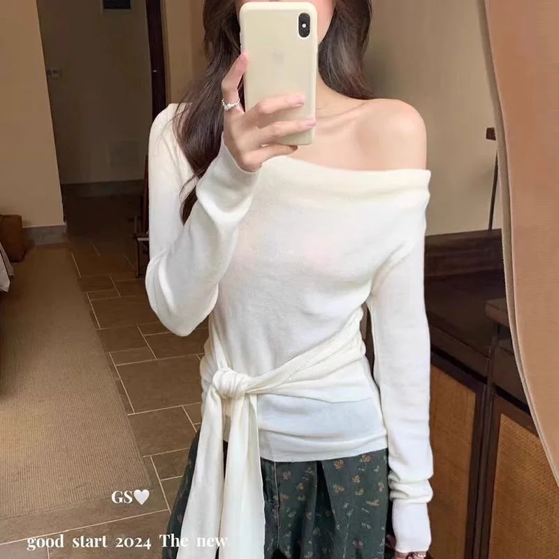Slim Skew Collar Knitted Sweater Women Pullovers New Lace-up Long Sleeve Knit Sweater Pullover Women Tops Sueter Feminino Q7193
