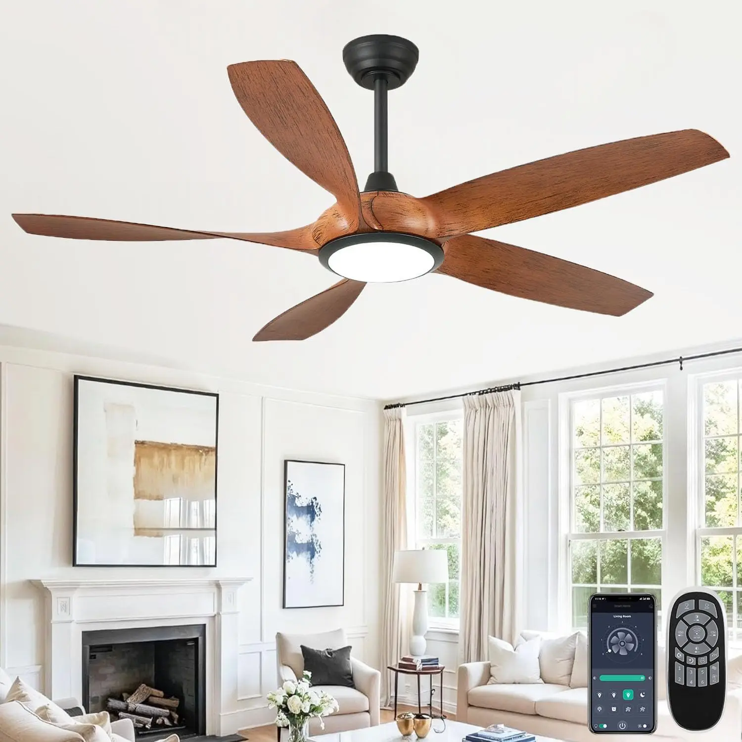 

Современный потолочный вентилятор 52 дюйма с подсветкой и пультом дистанционного управления, для использования в помещении и на улице, для гостиной и спальни, отделка под орех.