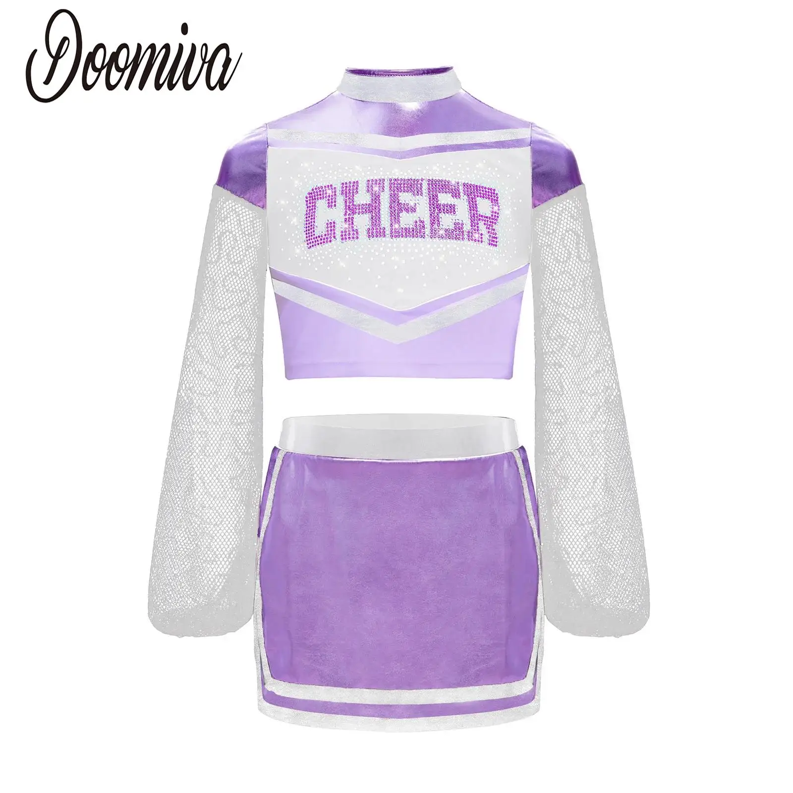 

Girls Cheerleading Uniform Outfit Modern Jazz Dance Costume Long Sleeve Rhinestones Letters Crop Top and Built-in Shorts Skirt