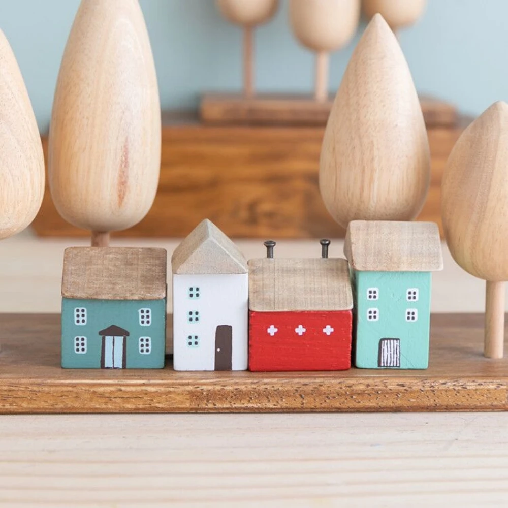 4Pcs Small Wooden house ornament miniature building Table Desktop Home Decor Nordic Style Kids Christmas gift Small Crafts