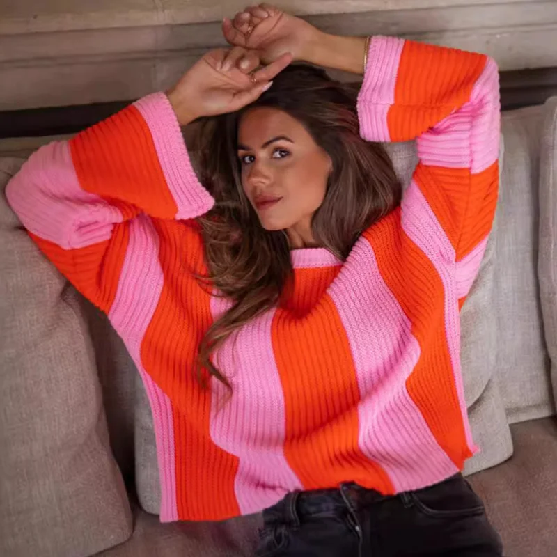 

2025Autumn Winter Color-Block Striped Knit New Casual Loose European and American Pullover Sweater
