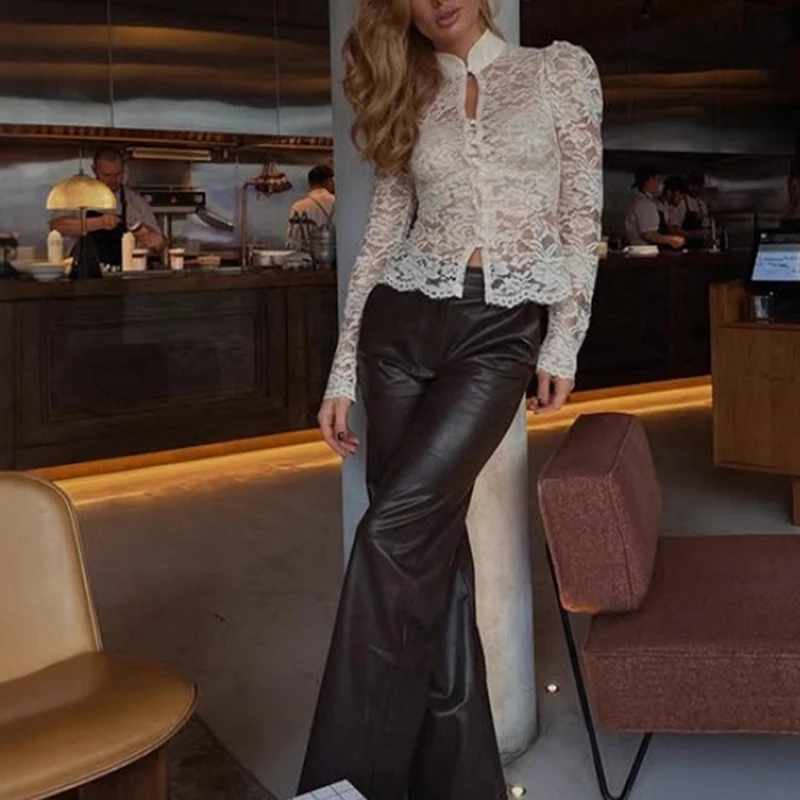 

Fashion Skinny Long Sleeve See-through Blouse Elegant Solid Banquet Short Shirts For Women French Style Lace Button Hollow Tops