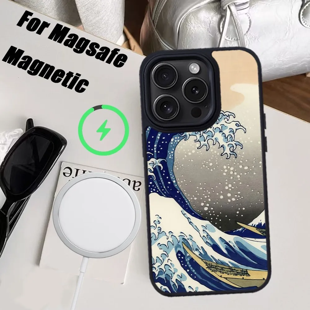 جراب هاتف كاناغاوا بموجة كبيرة ، غطاء مغناطيسي Macafe ، iPhone 15 ، 14 ، 13 ، 12 ، 11 Pro Max ، Plus