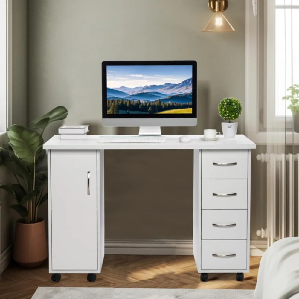 

Multifunctional Computer Desk, Nail Table, Hemp Surface Particle Board with Triamine,One Door and Four Drawers, Easy to Assemble