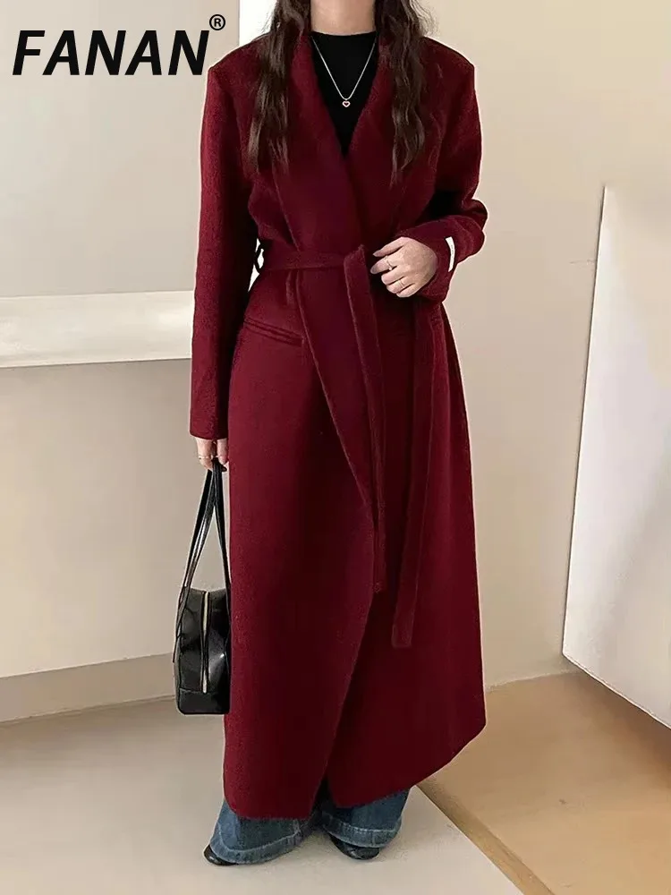 

FANAN Women's Belt Gathered Waist Wool Coats Notched Long Sleeve Office Lady Warm Female Outwear 2025 Spring New Elegant