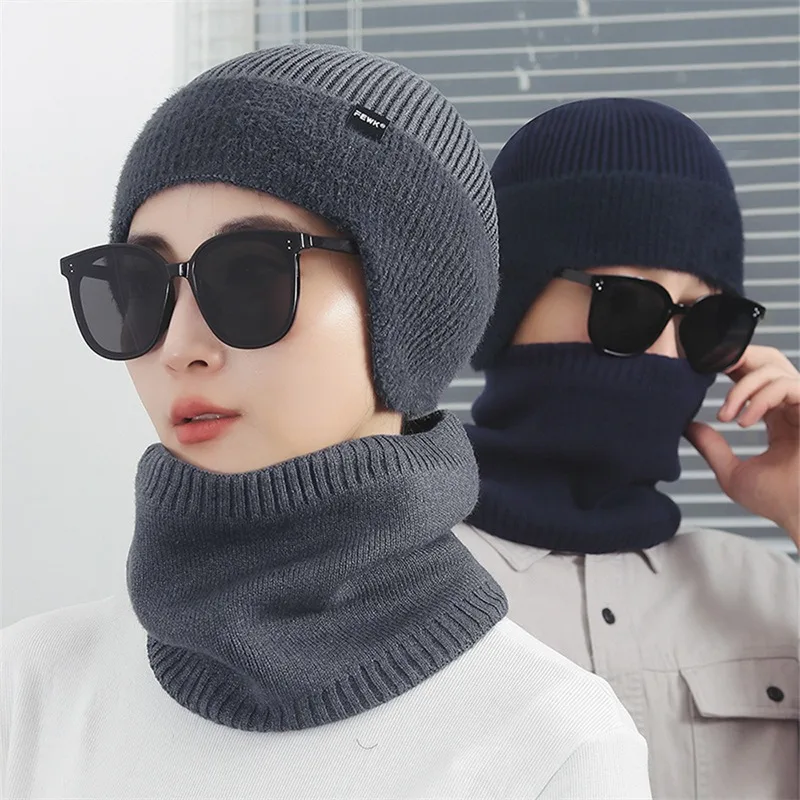 New Unisex Winter Knitted Hat Scarf Set Fashion Beanie Hats For Men Women Outdoor Earflap Hat Classic Keep Warm Cap