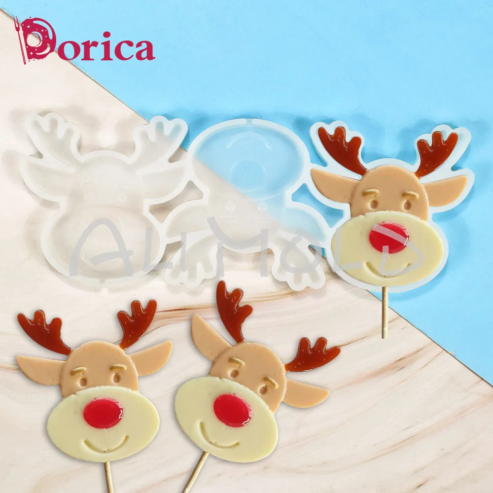 Dorica Christmas Deer Design Epoxy Mold Chocolate Cake Resin Lollipop Silicone Mould Fondant Cake Decorating Tools Bakeware