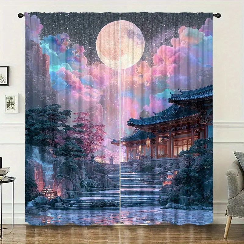 Dreamy scene curtains for moonlit courtyard, pole-mounted installation. Suitable for living rooms, bedrooms, dining rooms hotels