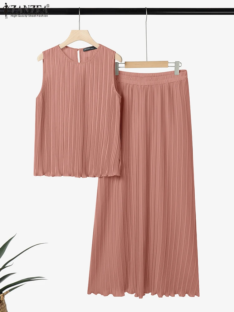 

ZANZEA Women Fashion Plisse 2 Pieces Sets Outfits Stylish Pleated Tank Tops & High Waist Long Skirts 2pcs Suits Party Skirt Sets