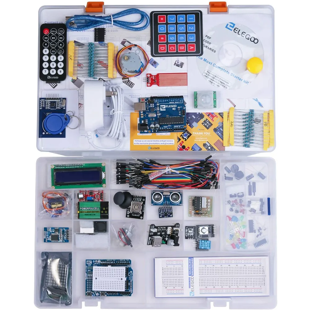 ELEGOO-Kit de iniciación UNO R3 para proyecto, Kit electrónico de bricolaje con Tutorial Compatible con Arduino IDE (63 artículos)