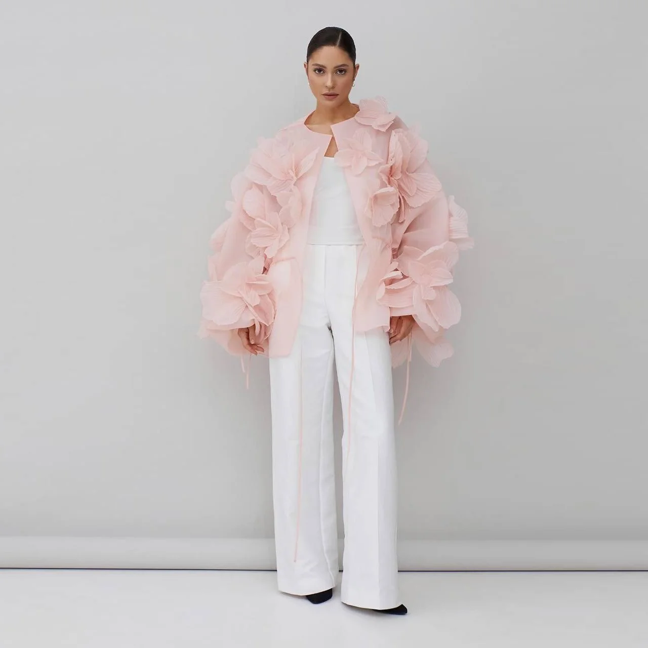 

Chic Pink Long Jacket Floral Draped Women Blouse Organza Flowers New Fashion Shirt Full Sleeves Jackets Women Custom Made