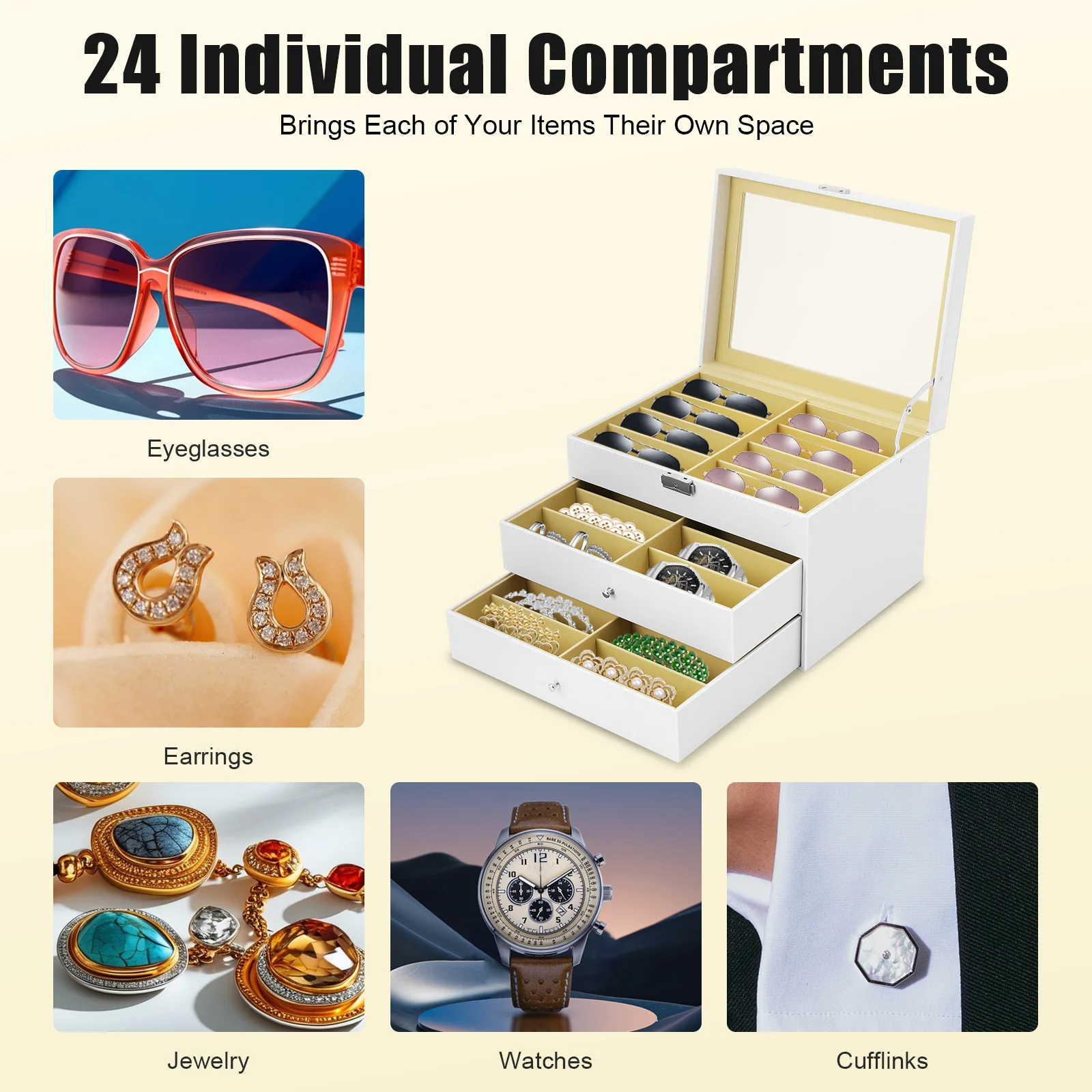 

24-Slot Eyeglass Display Case with Lock, 3-Tier Glasses Jewelry Organizer Storage Cabinet with Glass Lid for Home Shop Office