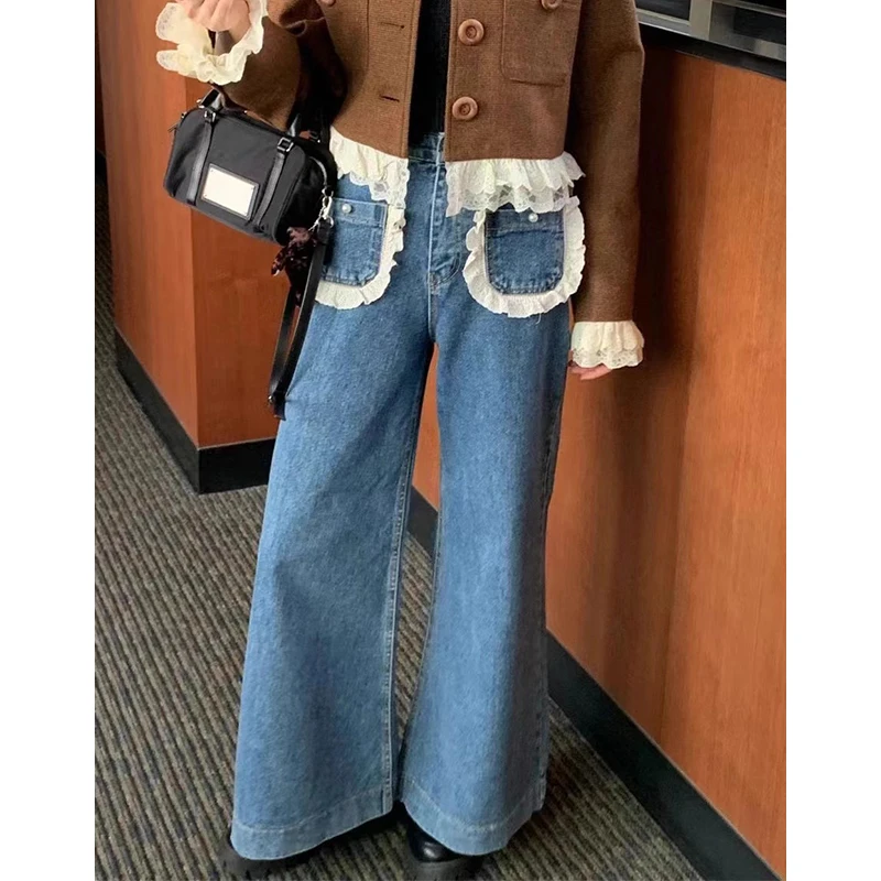 

Шикарные широкие джинсы с высокой талией, женские длинные брюки, осенние узкие джинсы Faion Agel ket с кружевной отделкой, универсальные джинсовые узкие брюки