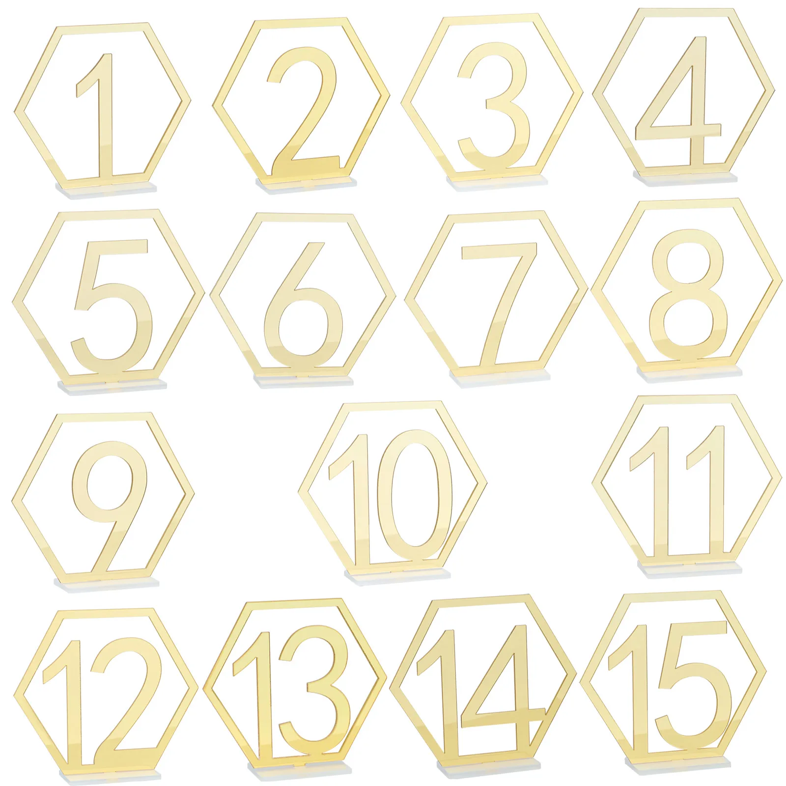 

1-15 Mark Numbers Mirror Acrylic Roman Numerals Gift Cards Geometric Centerpiece Hexagon Shape With Holder Base Wedding Supplies