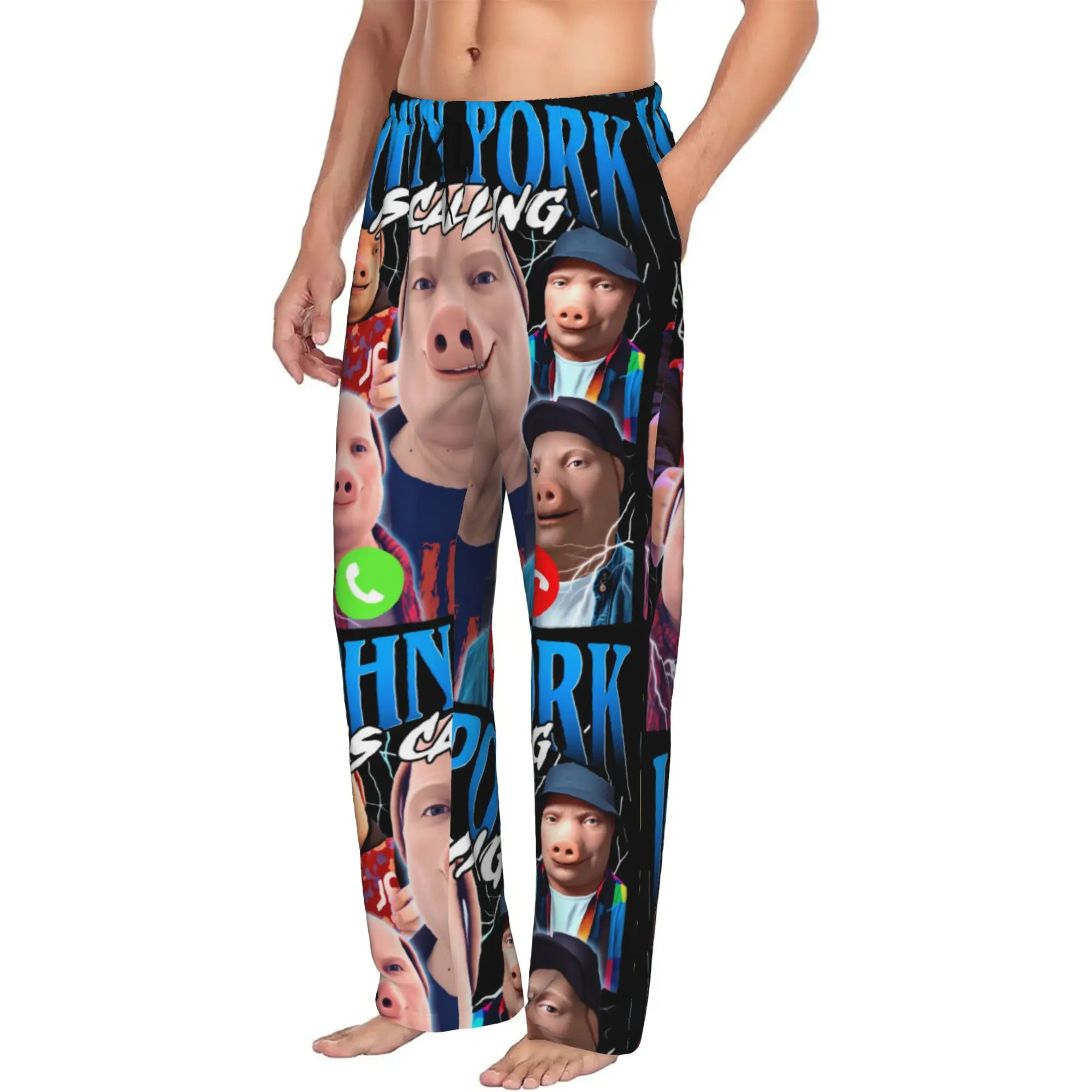 Custom John pork is calling Pajama Pants Sleepwear for Men Elastic Waistband Funny Pig Sleep Lounge Bottoms with Pockets