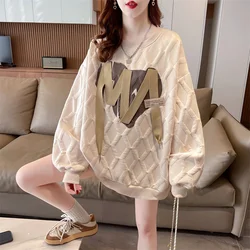 Temperament Spring Printed Round Neck Women's Jacquard Splice Fashion Long Sleeve Medium Length Loose Sweatshirts Pullover Tops