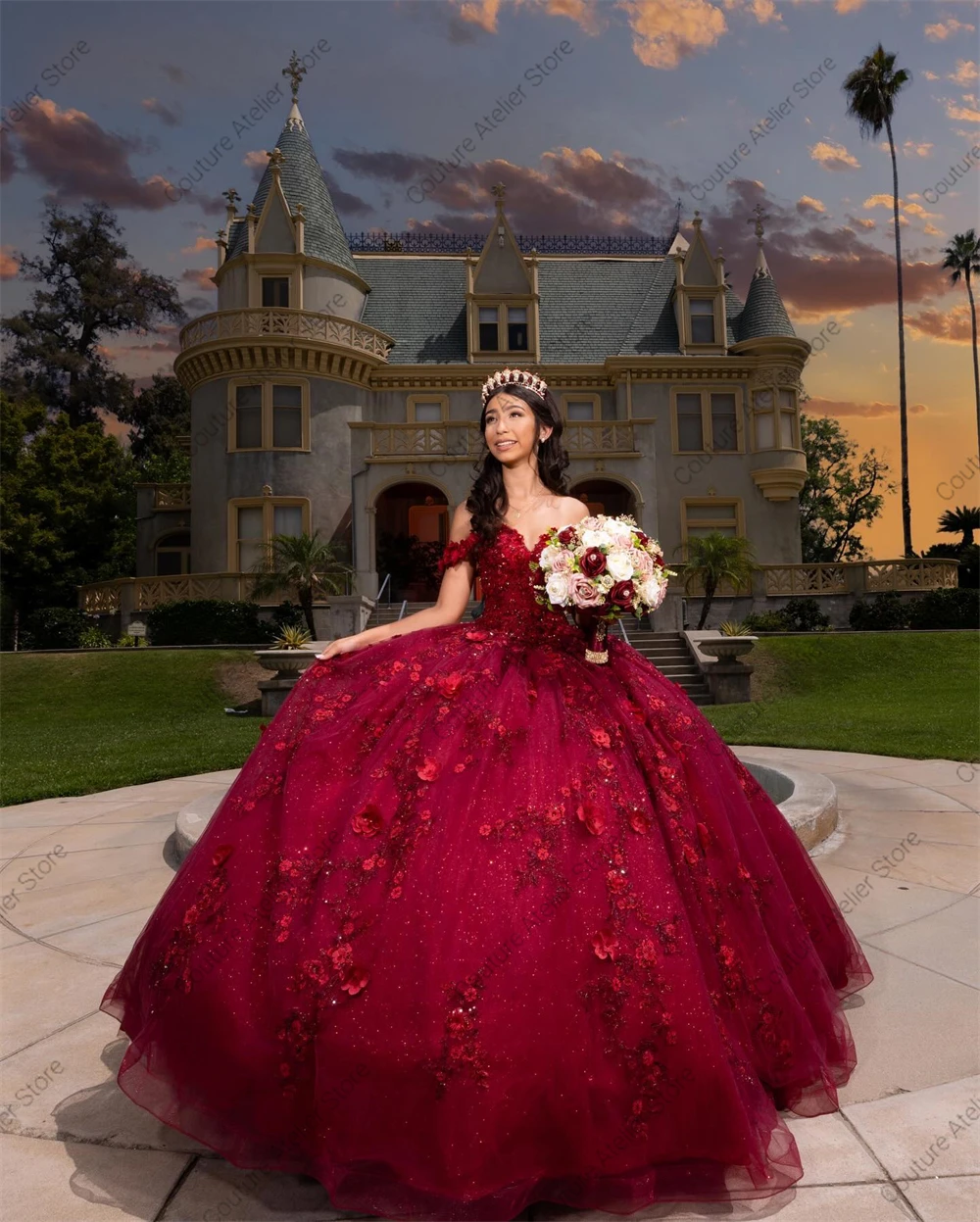 فساتين Quinceanera مطرزة بالزهور ثلاثية الأبعاد باللون العنابي، ثوب حفلة مكسيك مزين بالدانتيل، 15 فستان تخرج الأميرة مخصص