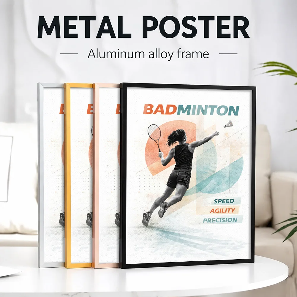 Badminton Player In Action Sport Collage Framed Metal Print Personalized Photo Dynamic Court Style Wall Art For Training Room
