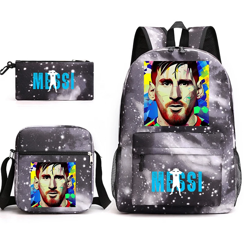 Conjunto de mochila para niños con estampado de messi, bolso escolar para estudiantes, bolso de hombro, estuche para lápices, conjunto de 3 piezas adecuado para niños y niñas