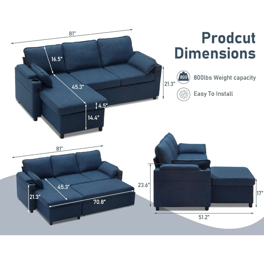 Sofa Bed Sleeper Pull Out 2 in 1 Sectional Sleeper Sofa Couches with Storage,USB, Cup Holder