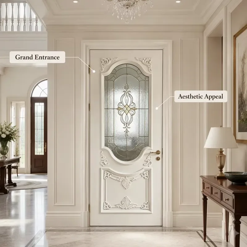 Cream Arched Lacquered Composite Wooden Door With Relief Design Waterproof Exterior Entry For Villa Courtyard Hotel