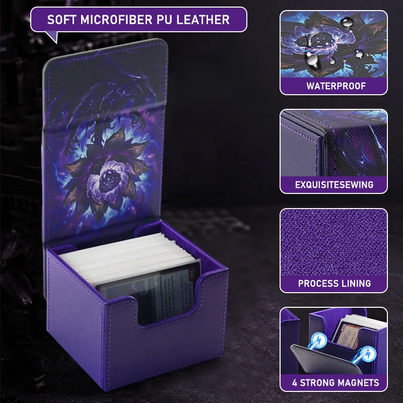 Card Deck Box,Lotus Pattern Print Trading Card Storage Box Holds 120+ Sleeved Cards ,PU Leather,Fits for CCG/PTCG/Sports Card