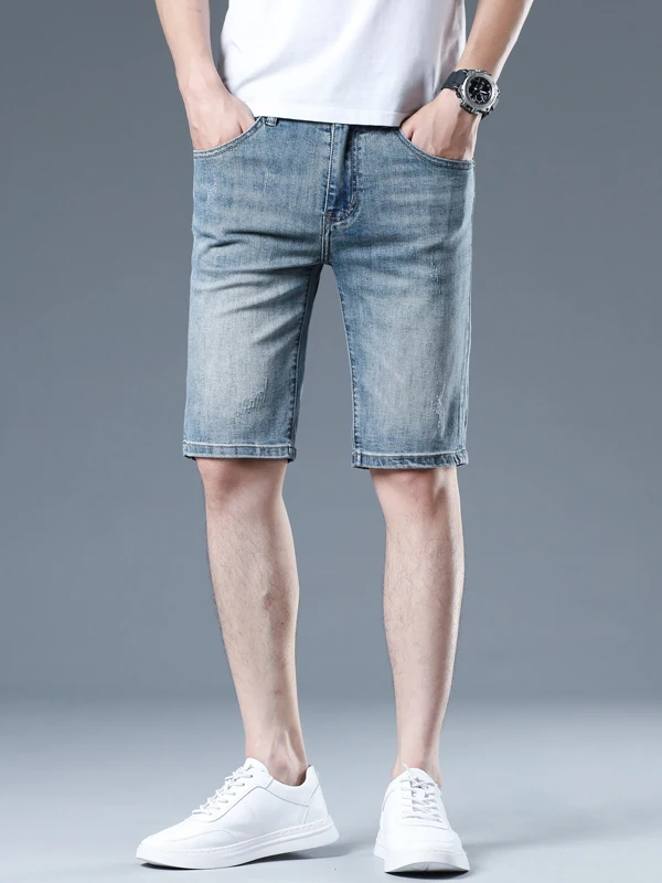 

High-End Embroidered Vintage Jeans Shorts Men's Trendy Slim Straight Casual Cotton Stretch Denim Mid-Waist Zipper Fly Shorts