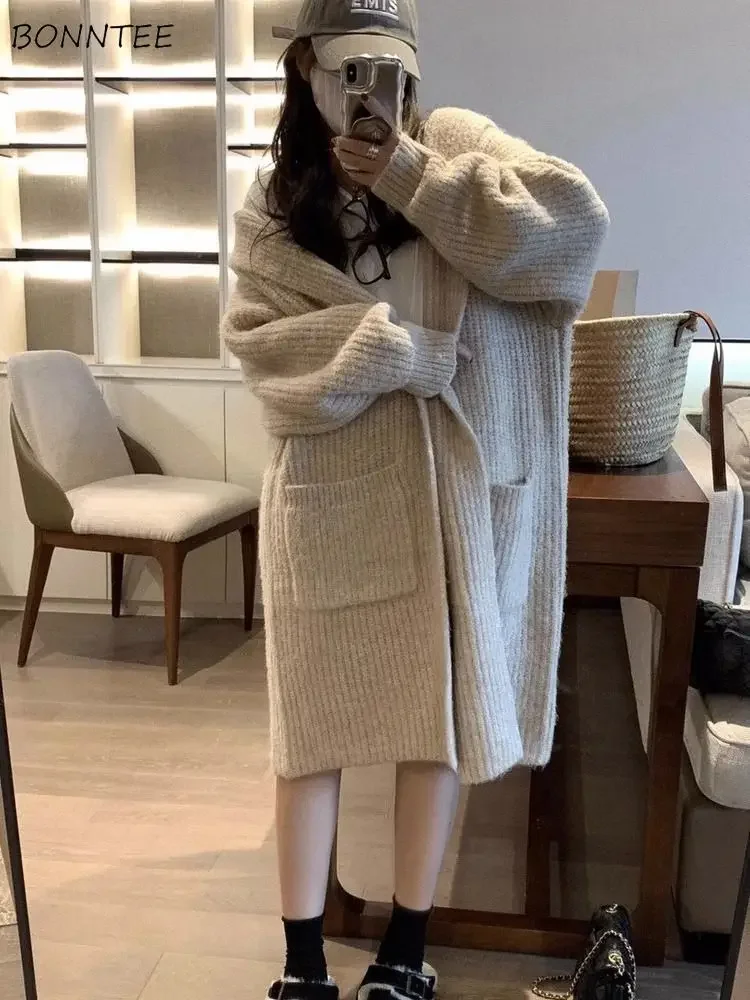 

Hooded Long Cardigans Women 4 Colors Baggy Slouchy Knitted Coats Gentle Simple Warm Autumn Winter Ulzzang Chic Кардиган Женский