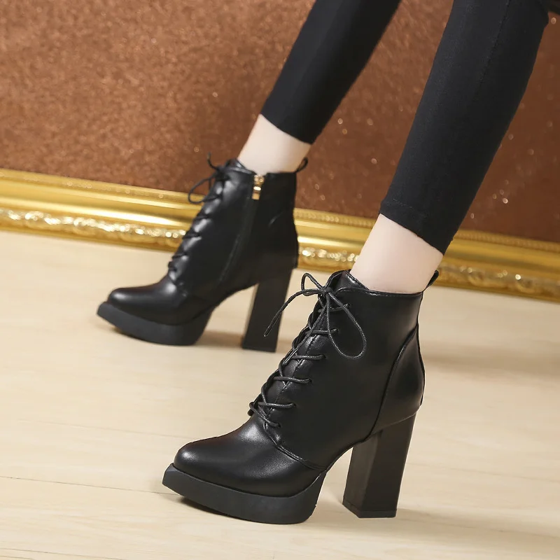 

Women Ankle Boots High Heel Boots For Woman Fashion Zip Black Autumn Winter Women Lace Up Platform Boots Shoes