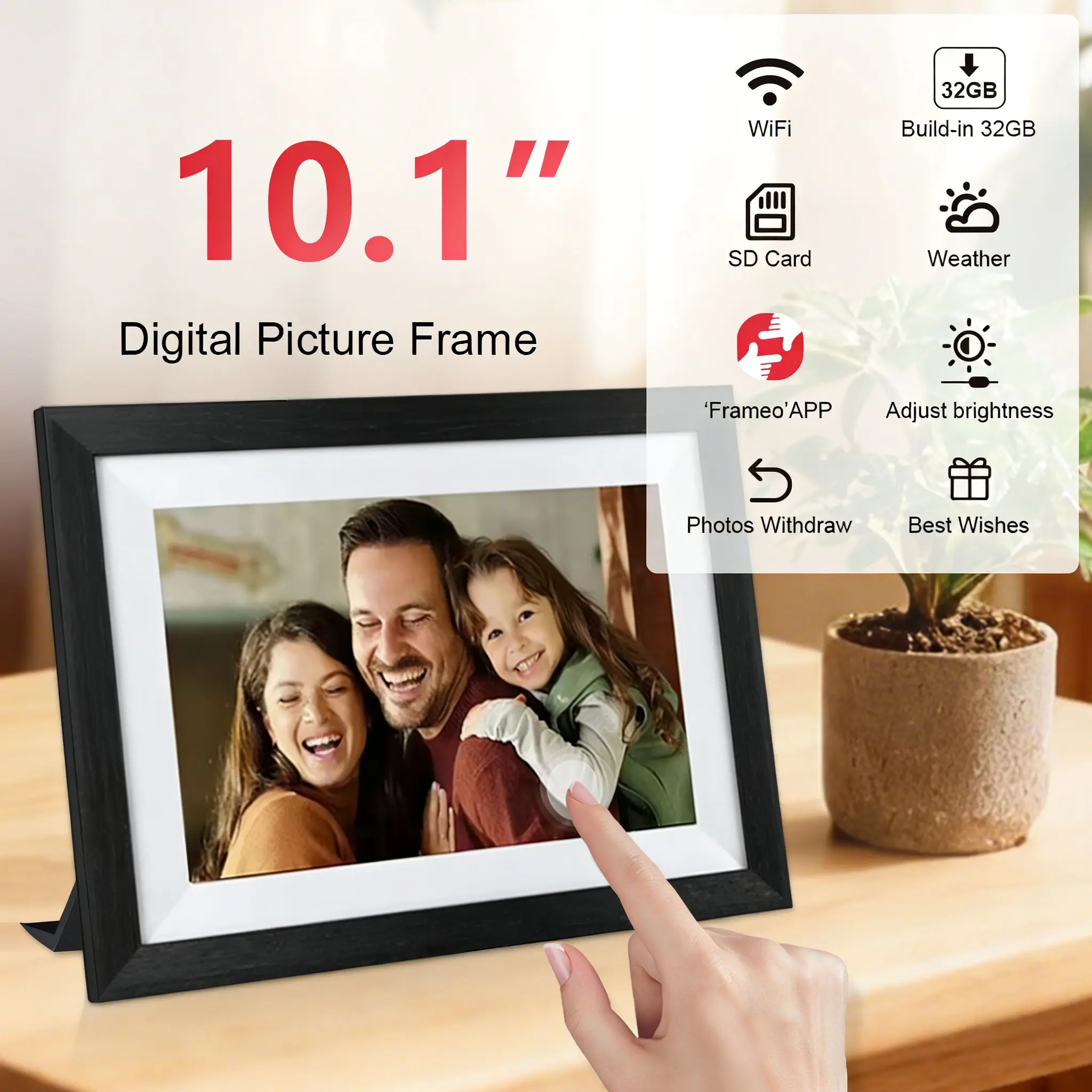 10.1 Inch Wooden Touch Screen Digital Photo Frame with MP3 & Video Playback Share Via