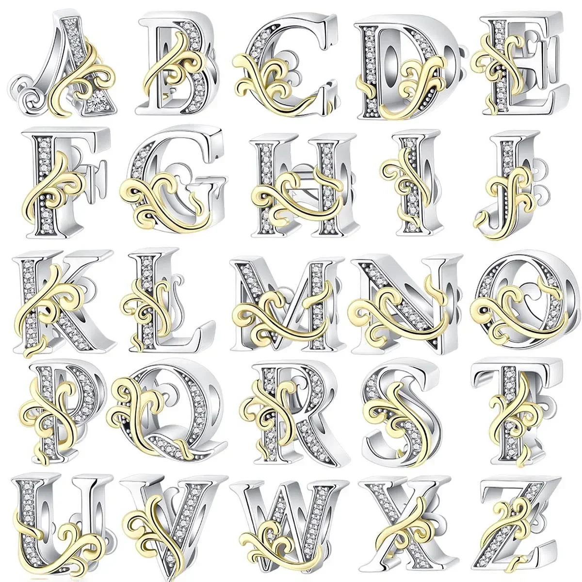 925 Silver 26 Letters Retro Fashion Golden Pendant Fit  Original Bracelet Charm Beads Necklace Diy Female Jewelry