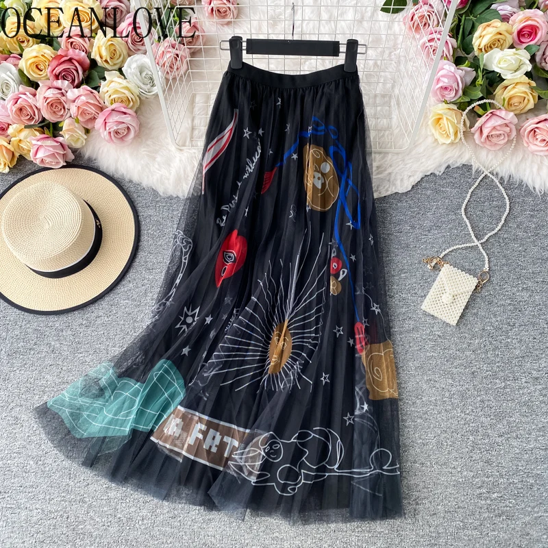 OCEANLOVE 2023 High Waist Skirts Women Print Mesh A-line All Match Mujer Faldas Korean Vintage Fashion Long Skirt Clothing 17449