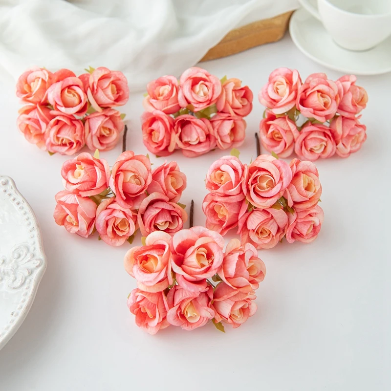 6PCS Artificial Flower Silk Small Rose DIY Wedding Bride Holding Flower Accessorie Home Bedroom Vase Decoration Christmas Wreath