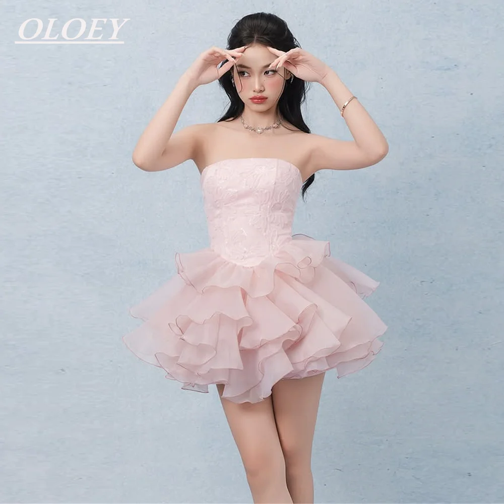 

OLOEY Elegant Strapless Floral Short Prom Cocktail Dress Muti-layer Organza Puffy Mini Wedding Party Gown Customized Homecoming