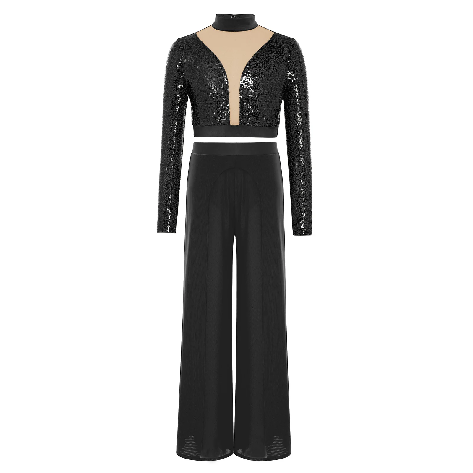 

Kids Girls Lyrical Ballet Jazz Dance Dresses Performance Outfit Long Sleeve Sequin Crop Top with Pants Figure Skating Ballet Set