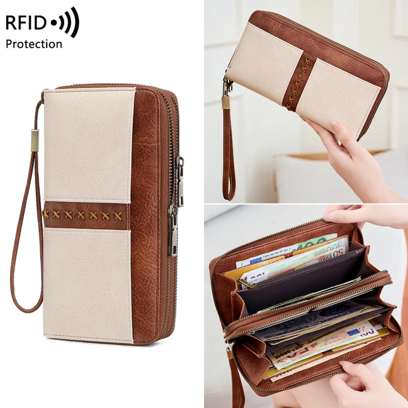Western RDIF Blocking Double Zipper Contrast Color Long PU Leather Men Wallet Large Capacity Purse for Women