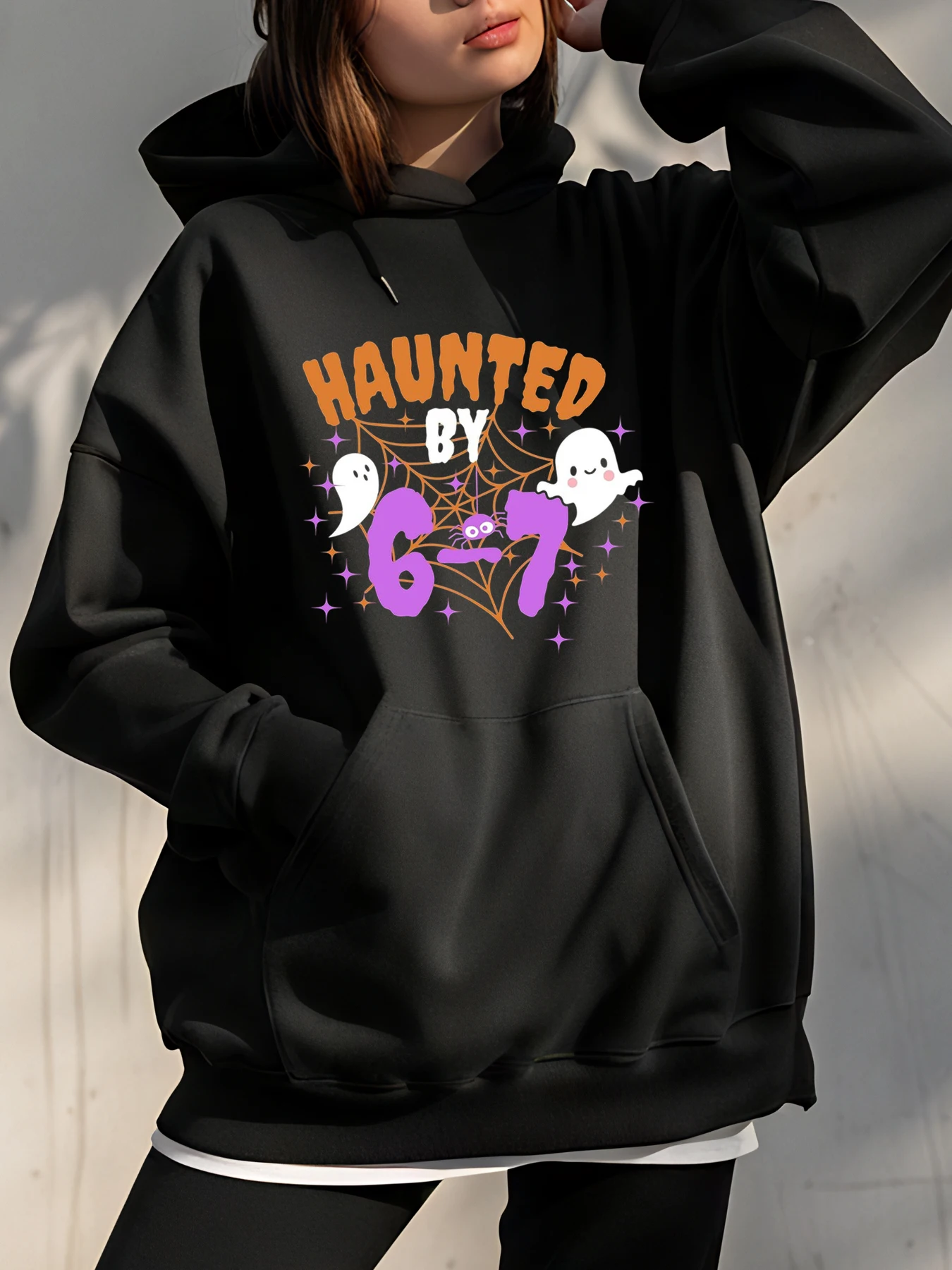 

Haunted by 6-7 Ghosts Print Hoodie Women's Halloween Casual Sweatshirt Spooky Design Plus Size Cozy Outfit for Girls