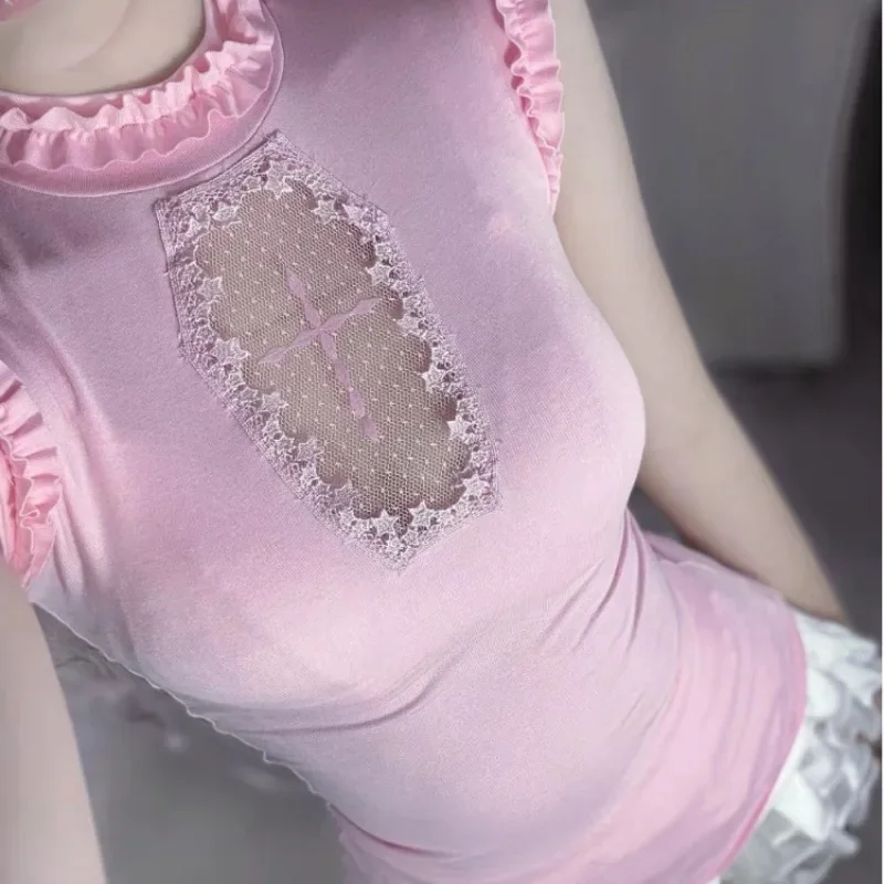 Estate Sexy Scavato Cutecore Rosa Blu Top Senza Maniche Casual T-shirt Donna Harajuku Y2K Vintage Punk Gotico Top in Cotone