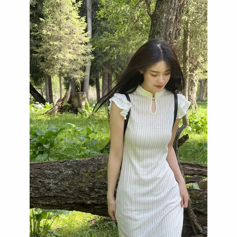 2024 Summer New Chinese Style Retro Pan Button White Long Skirt