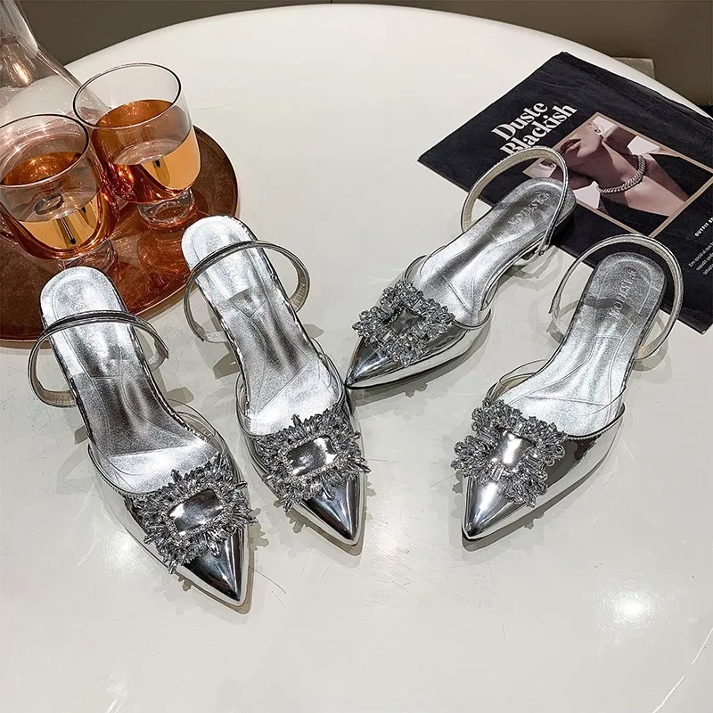 

New Brand Designer Silver High Heels Sandals Women Summer Crystal Square Buckle Sandals Woman Pointed Toe Slingbacks Party Shoe