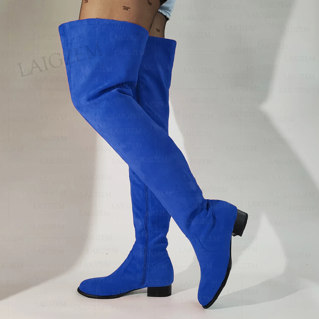 SEIIHEM Women Thigh High Boots Full Zip Up Low Heels Faux Suede Over Knee Boots Handmade Shoes Woman Plus Size 41 43 45 50 52