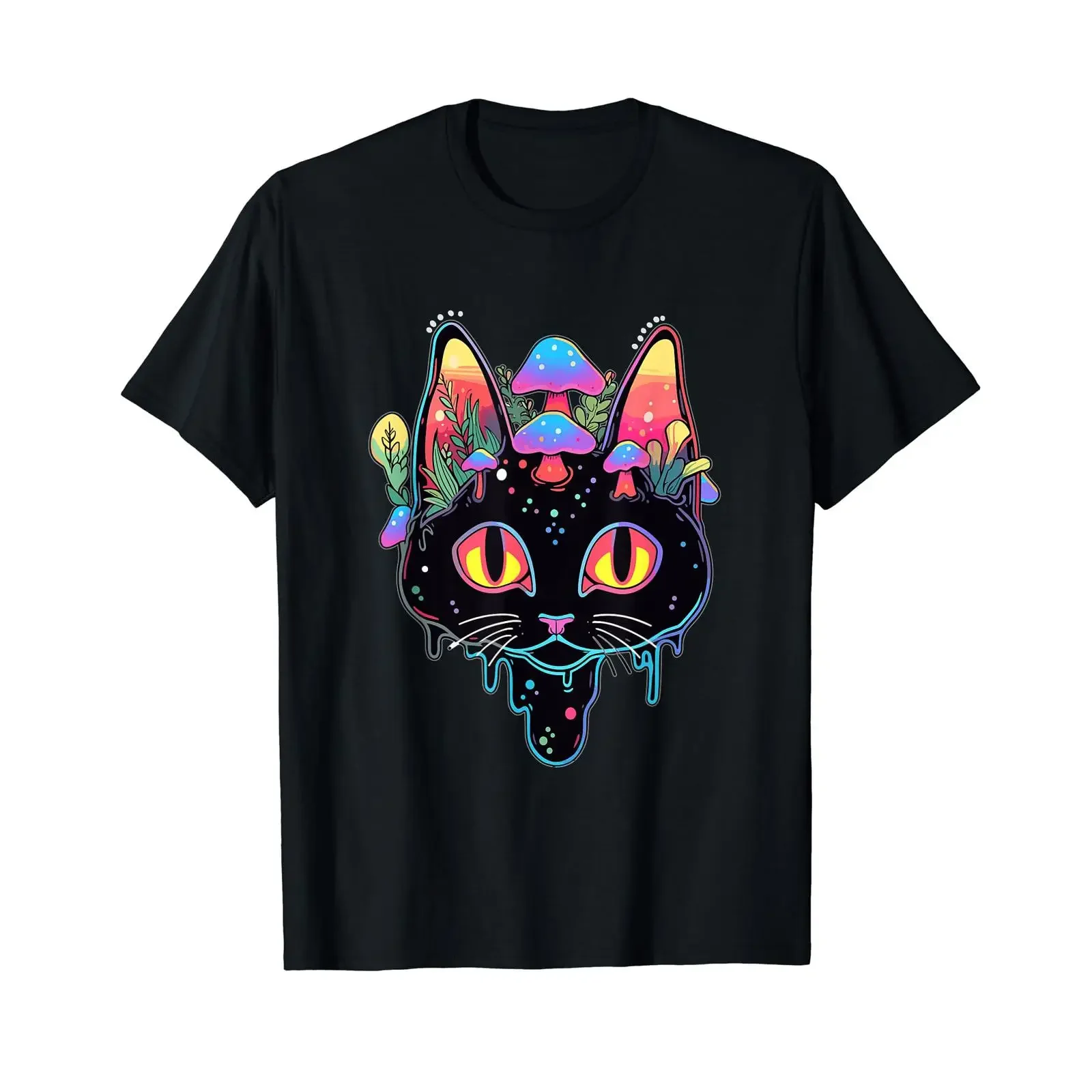 Psychedelic Festival Trippy Cat Mushroom Art Rave T Shirt vintage Washed Slightly Breathable homme Top For Everyday Wear Unisex