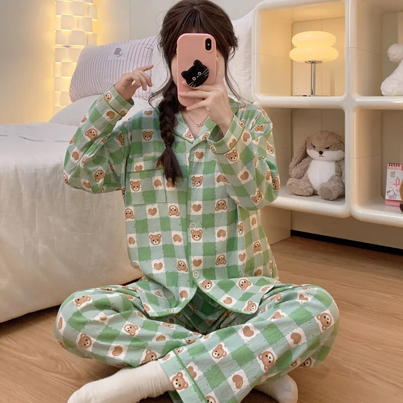 

Весенне-осенняя Женская Хлопковая пижама в виде облаков, домашний костюм, пижама с длинными рукавами, корейский мультяшный рисунок, можно носить на улице, домашняя одежда