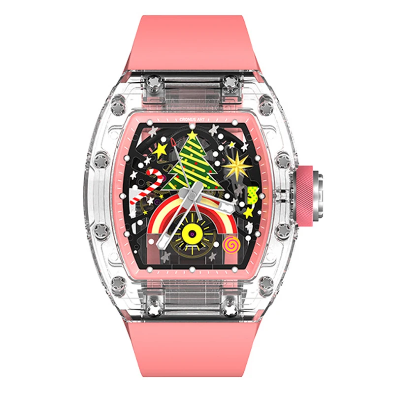 Reloj Automático CRONUSART para hombre, reloj de pulsera mecánico Tonneau de lujo, caja de cristal, correa luminosa de fluororubber, esqueleto