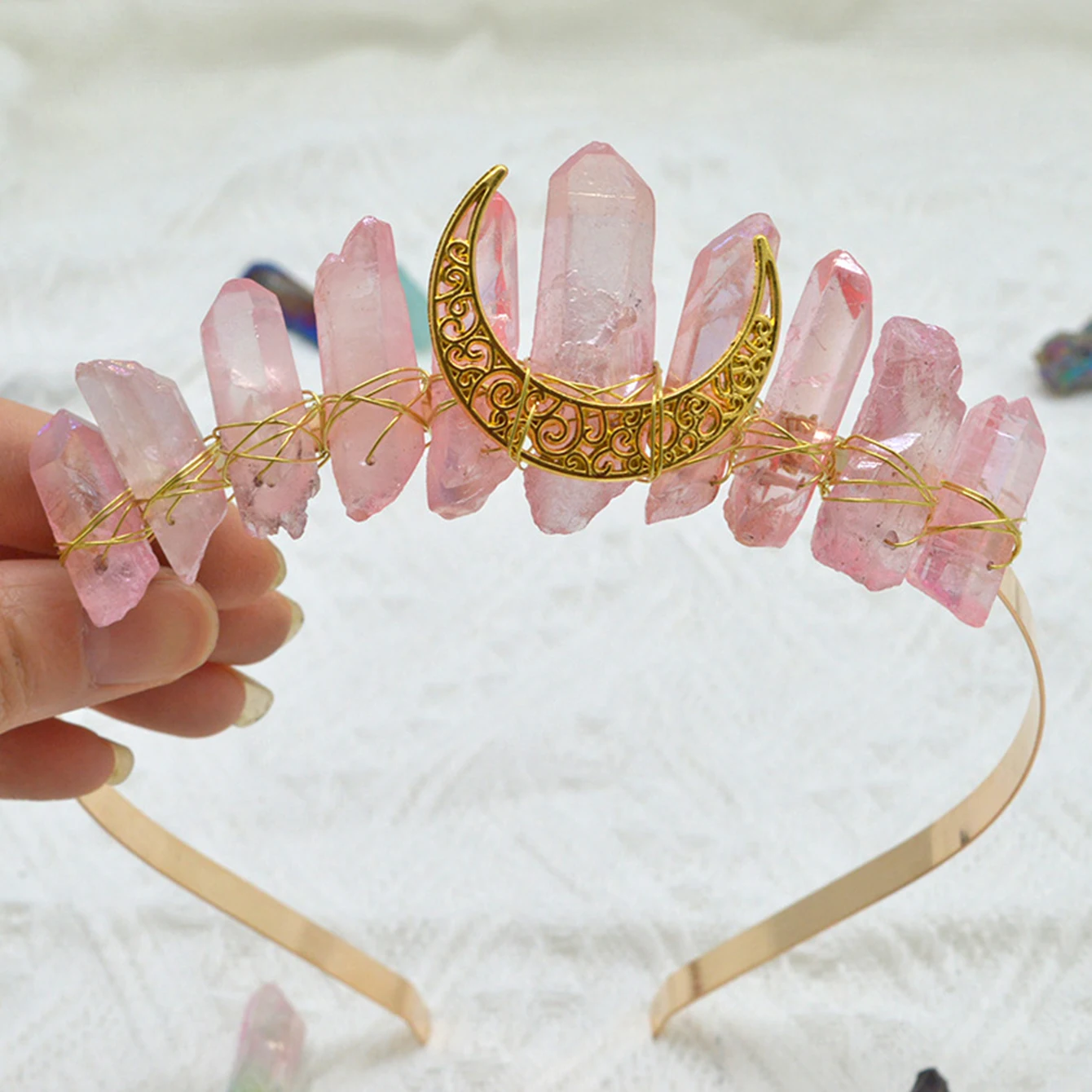 1pc Natural White Crystal Electroplating Rainbow Small Headband Standing Style Moon Accessory Crown Headband Hair Accessory