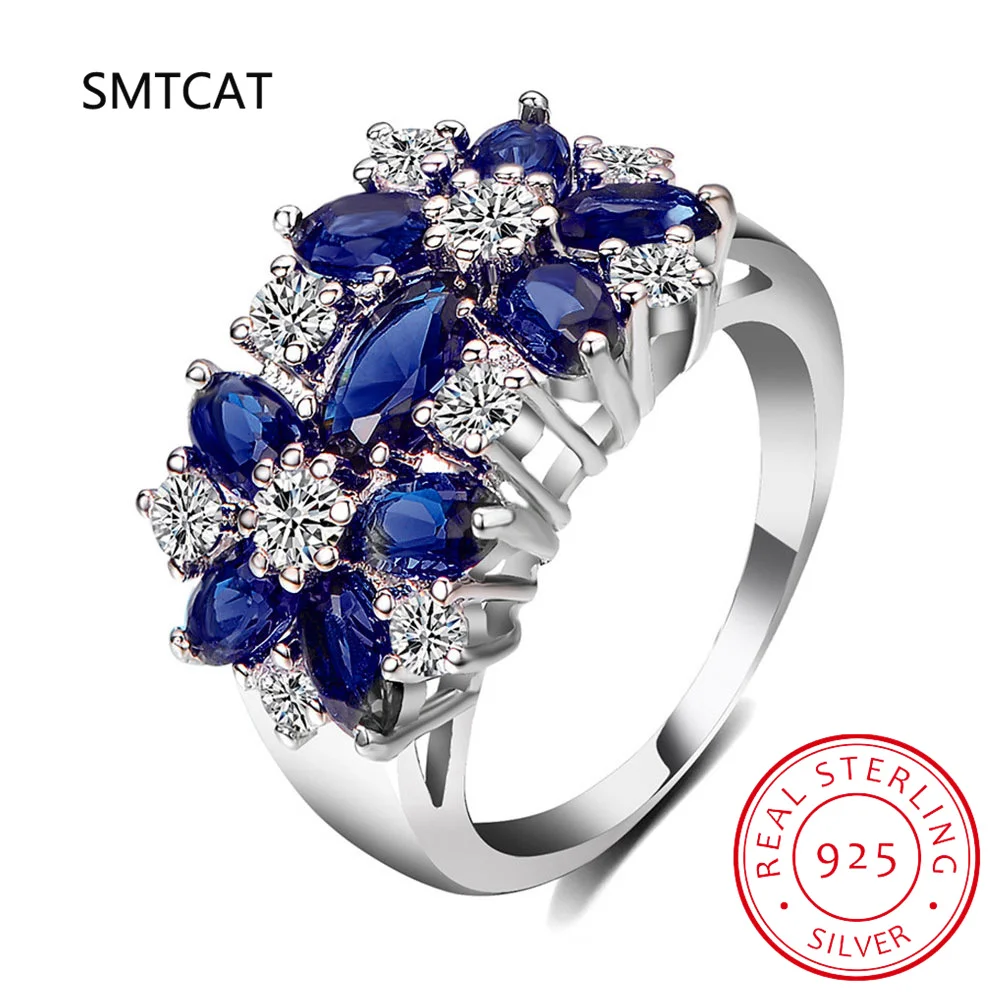 

925 Sterling Silver Exquisite Flowers Finger Rings Royal Blue Water Drop Luxury Ring For Women Aniversary Fine Jewelry