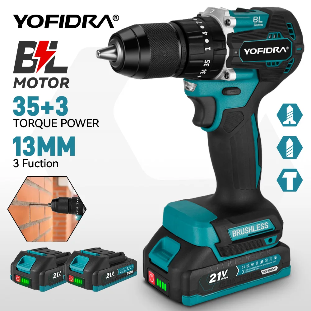 YOFIDRA 13MM 35 + 3 Drehmoment Bürstenlosen Elektrischen Schlagbohrmaschine Akkuschrauber Elektrowerkzeug Für Makita 18V Batterie Pin