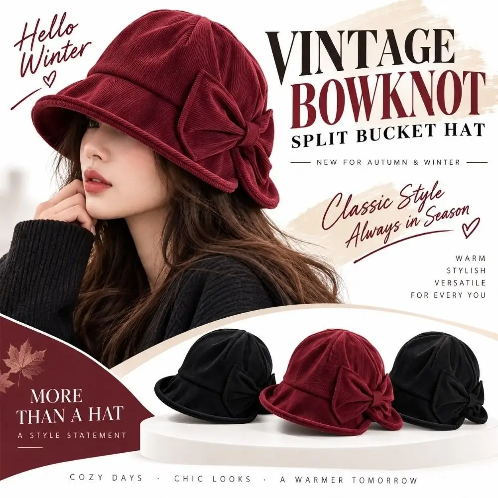 Slit Front Women's Bucket Hat Warm Construction Comfortable Fit Vintage Bucket Hat Cold Resistant Bow Bucket Hat Outdoor Wear