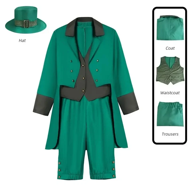 

gb6reland Tuxedo Leprechaun Fantasia Tailcoat Vest Pants Full Set Men Halloween St. Patrick's Day Elf Cosplay Uniform Party Suit